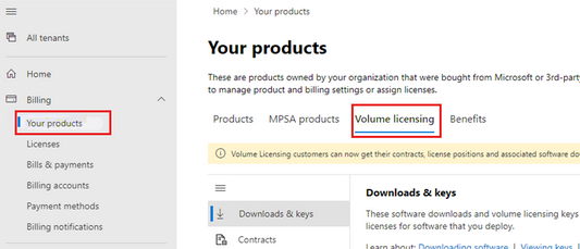 Microsoft 365 Volume licensing tab