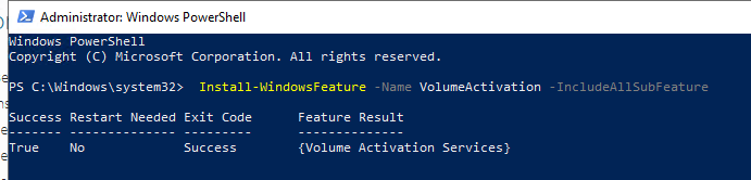PowerShell output for Install-WindowsFeature VolumeActivation