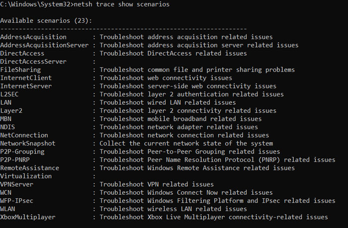 netsh trace show scenarios command in cmd